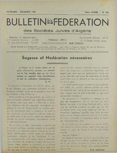 Bulletin de la Fédération des sociétés juives d’Algérie  V°12 N°103 (01/11/1945)
